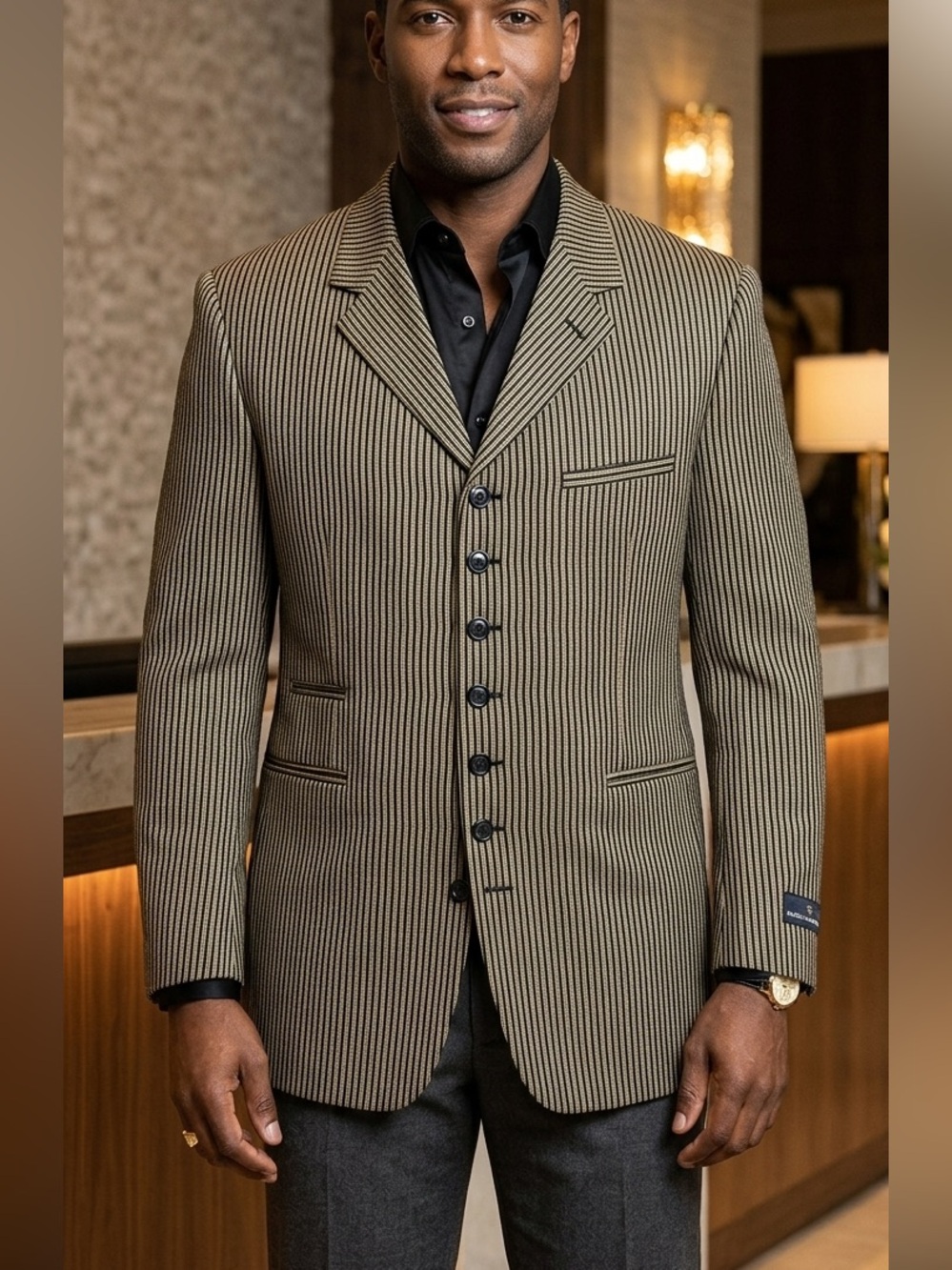 Stacy Adams Hugar Blazer Black Gold Pinstripe 7 Button 52R Mens Designer
